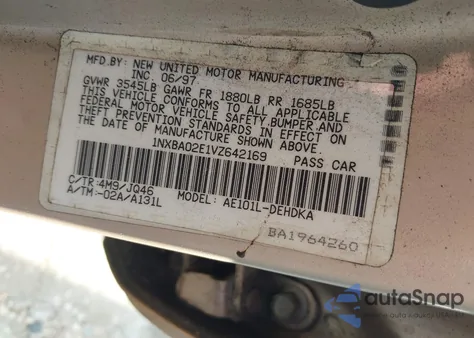 1997 Toyota Corolla Ce из США, поврежденный, VIN 1NXBA02E1VZ642169